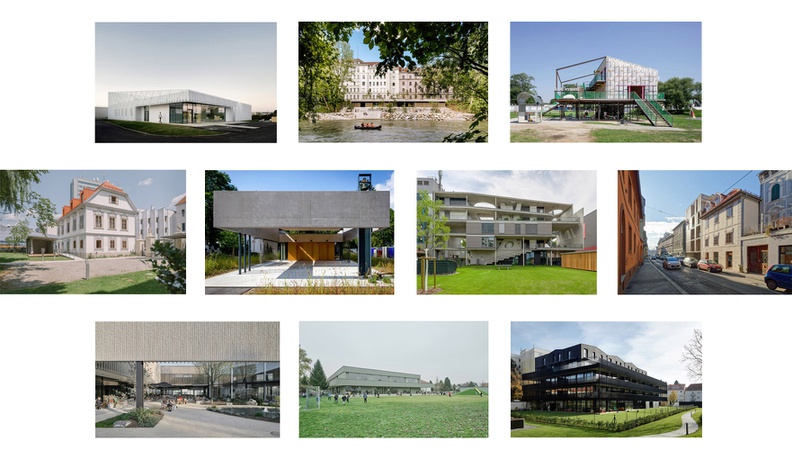 Tierklinik Thalerhof, Feldkirchen bei Graz, Studio Emmerer, 2021 © Simon Oberhofer | Stadtbootshaus, Graz, KUESS Architektur, 2021 © pierer.net |  Club Hybrid, Herrgottwiesgasse Graz, Pretterhofer Arquitectos & Michael Rieper, 2021 © Wolfgang Thaler | Albert Schweitzer Institut, Graz, Christian Andexer, Johann Timmerer-Maier, 2021 © Lorenz Andexer | Einsegnungshalle St. Peter Stadtfriedhof, Graz, HOFRICHTER-RITTER Architekten, 2021 © Karl Heinz Putz | Kiubo 1.0, Starhemberggasse, Graz, HOFRICHTER-RITTER Architekten, 2021 © Karl Heinz Putz | Wohnen Griesgasse, Graz, Christian Andexer, 2020 © Peter Eder | Atelier Martin Auer, Graz, j-c-k, 2021 © Schreyer David | VS Graz-Neuhart, Graz, dreiplus, 2021 © Schreyer David | König Franz, Graz-Geidorf, Pentaplan, 2021 © Paul Ott