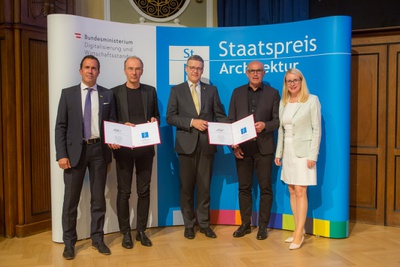 DI Ernst Kloboucnik, ÖAMTC, Mag. arch. Christoph Pichler  MArch, Mag. Oliver Krupitza, CFO ÖAMTC, MMag. arch et theol. Johannes Traupmann, Bundesministerin Dr. Margarete Schramböck