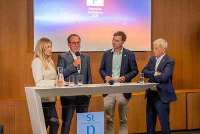 Architekturtalk mit DI Wolfgang Gleissner, Arch. DI Daniel Fügenschuh und Baumeister Werner Müllner – © BMWET, Matthias Silveri