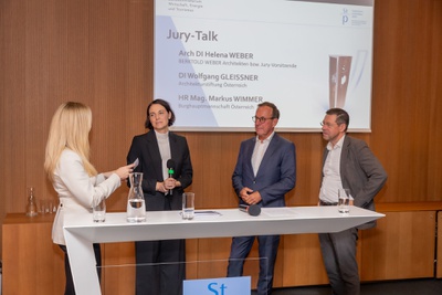 Jurytalk mit Arch. DI Helena Weber, DI Wolfgang Gleissner und HR Mag. Markus Wimmer – © BMWET, Matthias Silveri