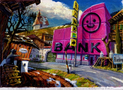 Thomas Paster, Modernes Ortsbild, 1997, Acryl / Mischtechnik auf Papier, 40 x 29,5 cm – © Thomas Paster Thomas Paster, Modernes Ortsbild, 1997, Acryl / Mischtechnik auf Papier, 40 x 29,5 cm