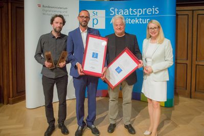 Paul Pointecker, Mag. Peter Paul Mölk, Arch. DI Rainer Köberl, Bundesministerin Dr. Margarete Schramböck