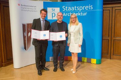 Bernhard Reisner, Vice President Human Capital Miba AG, Arch. DI Dietmar Feistel, Delugan Meissl Associated Architects, Bundesministerin Dr. Margarete Schramböck